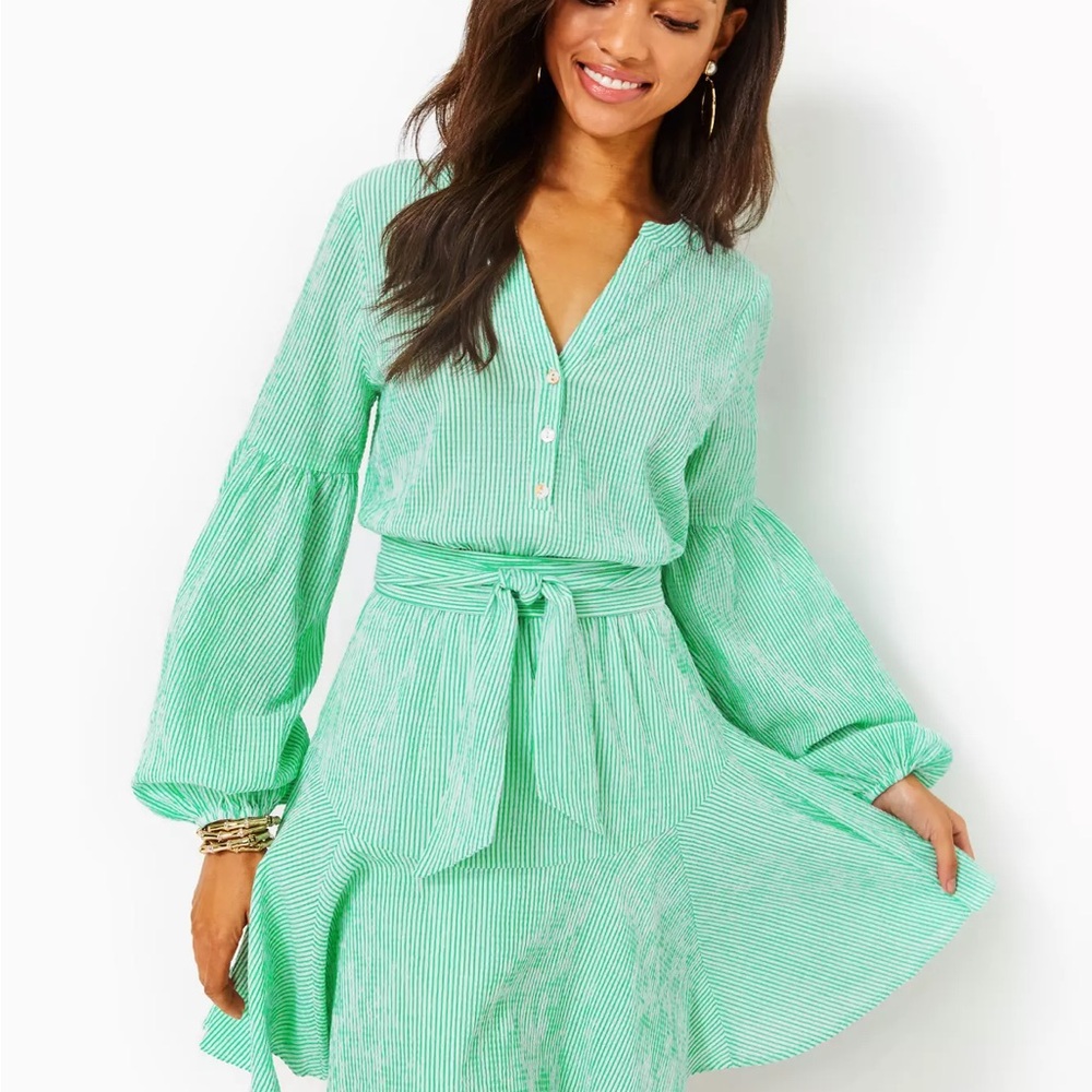 Lilly Pulitzer Carla Green and White Striped Seersucker Dress